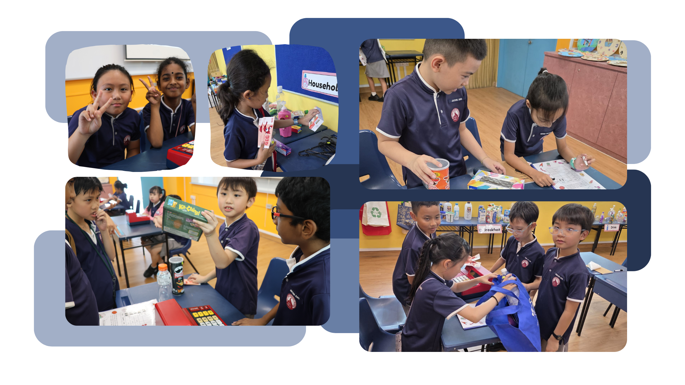 Students in school uniforms participating in a Supermarket Experience activity, with two girls smiling and posing with peace signs, one student browsing household items at a corner, two students examining products at a table, one student holding up a product at a cashier counter, and students completing a transaction at a checkout with a reusable bag.
